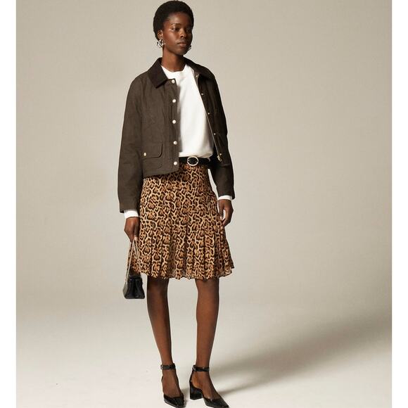 J.Crew Pleated Knee-Length Skirt SZ 8 Brown Leopard-print Viscose Chiffon Lined - Picture 1 of 9